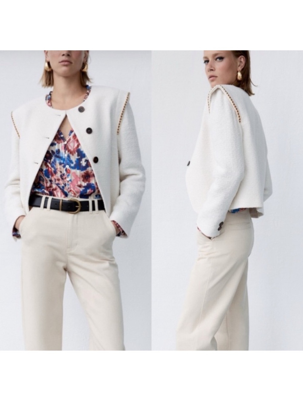 ZARA Ecru Textured Pronounced button blazer jacket - Picture 2 of 6